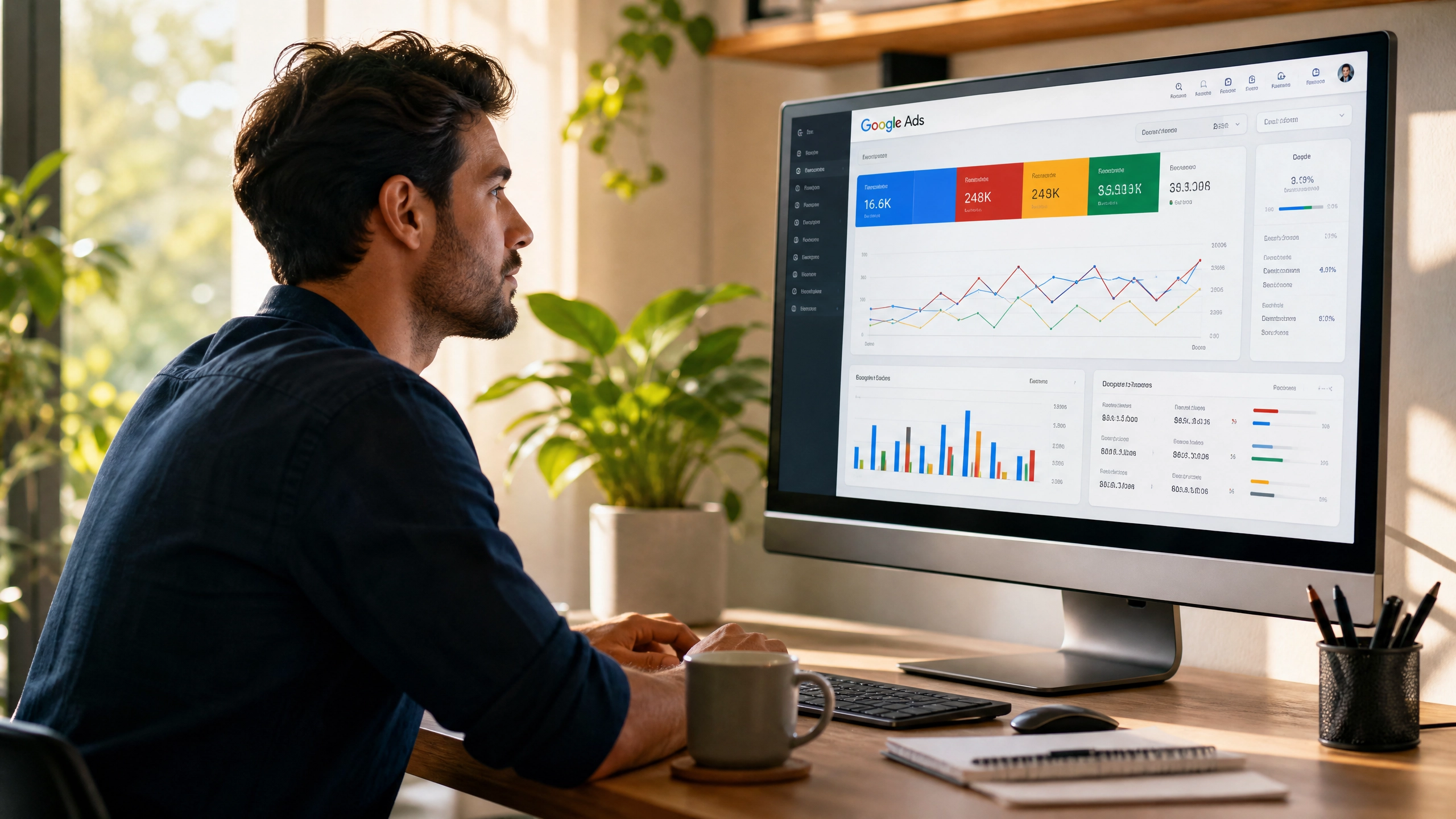 Ecommerce marketing professional reviewing Google Ads performance dashboard