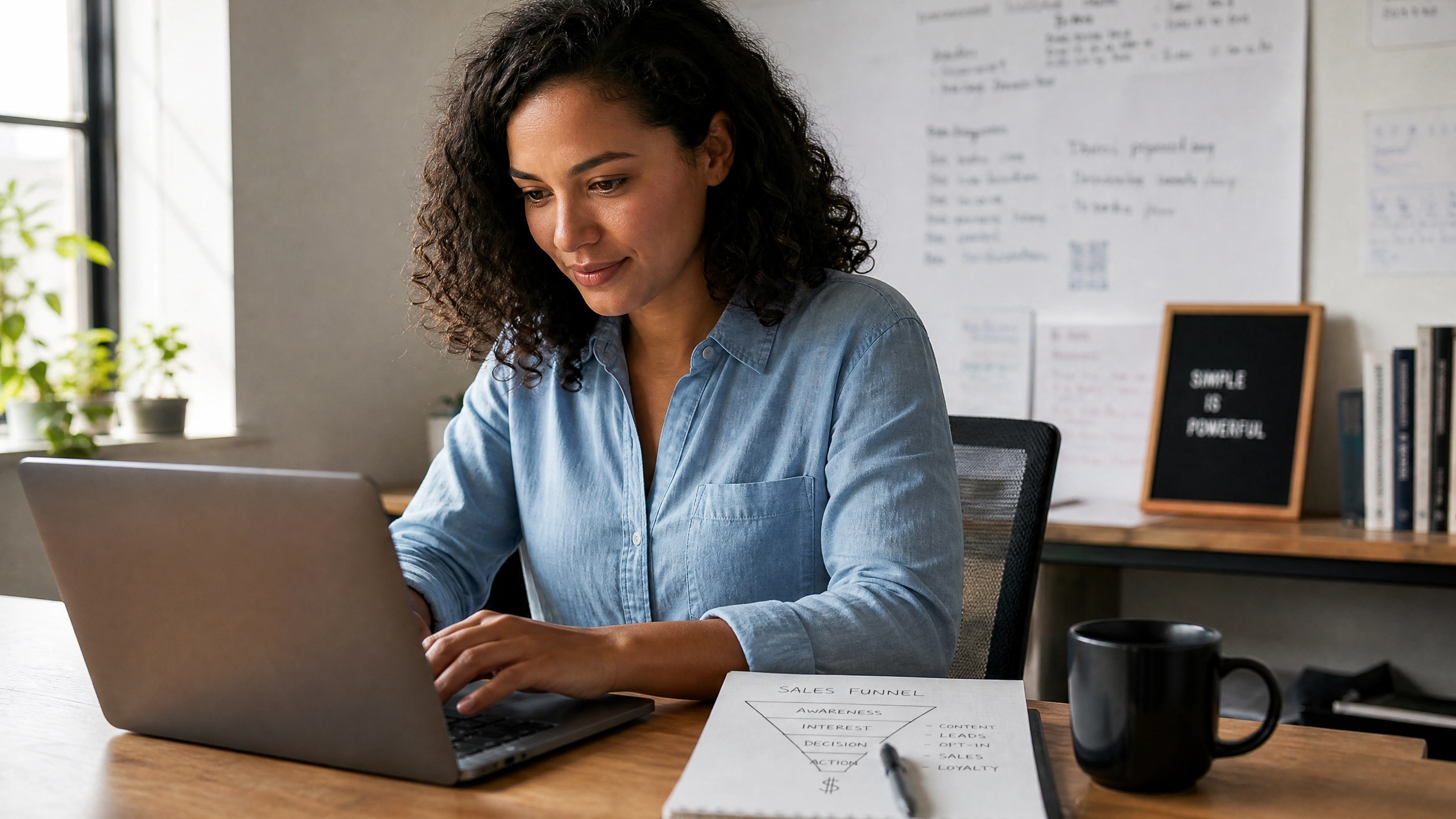 Small business founder reviewing Google Ads funnel setup on laptop